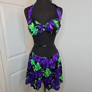 Vtg 1980's Sirena Sun Streak 2 Piece Shorts Swim Suit Bathing Beach‎ Foral SZ 14